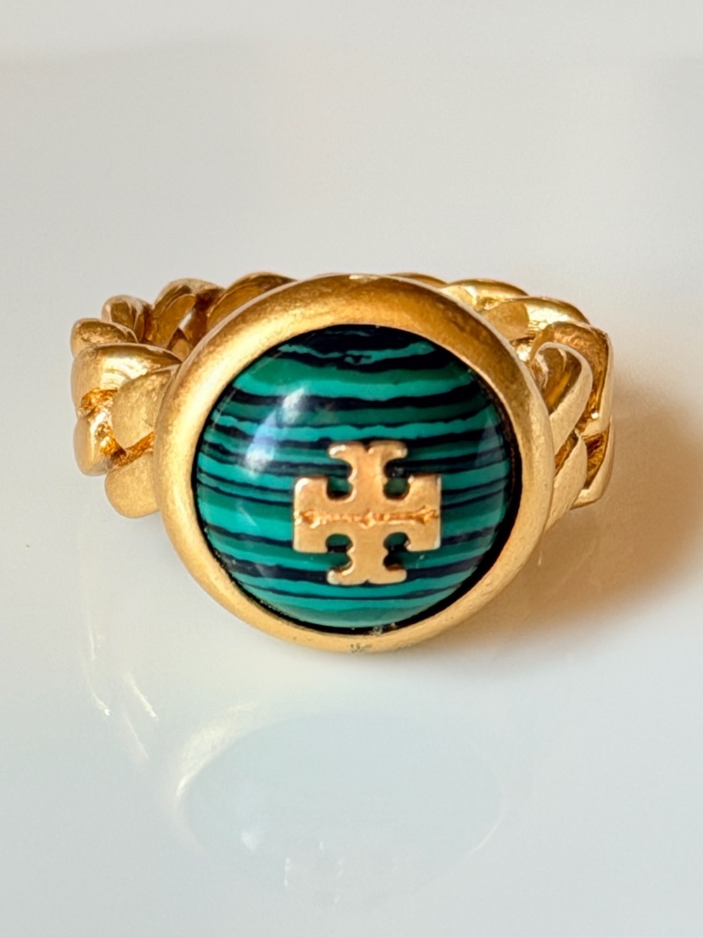 Tory Burch Gold Tone Green Malachite Braided Chain Logo Ring Size 6 EUC